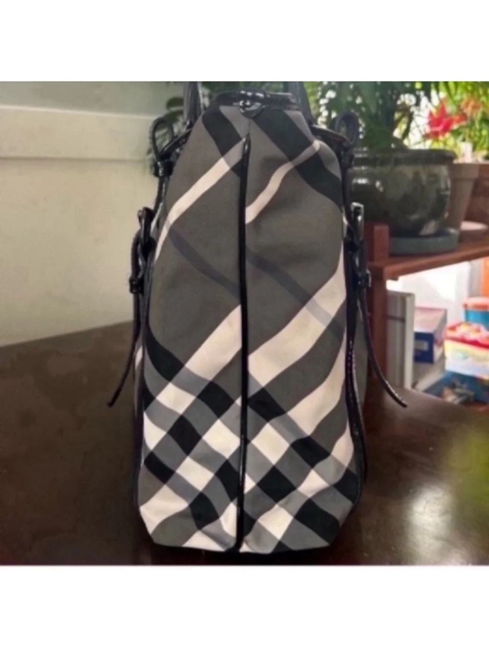 Burberry Black and Gray Plaid Messenger Tote with Patent Trim - Picture 8 of 13